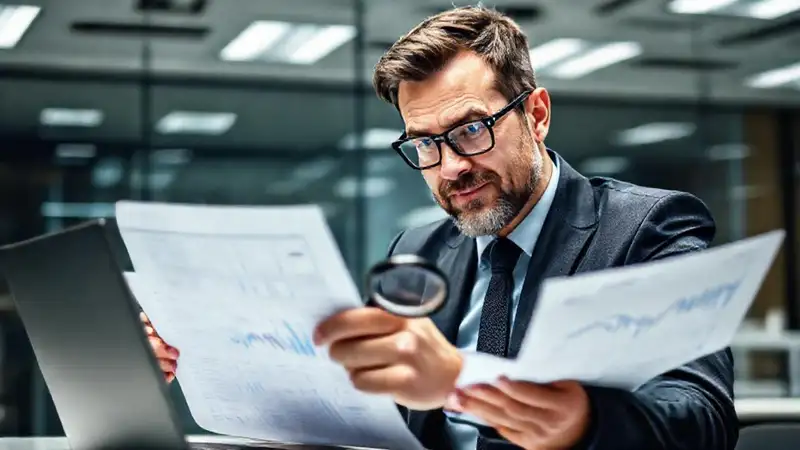 Auditor revisa datos en moderna oficina