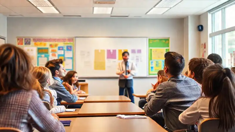 Estudiante confiado presenta en aula brillante y colorida