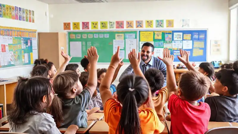 Estudiantes activos en clase colorida y comunicativa