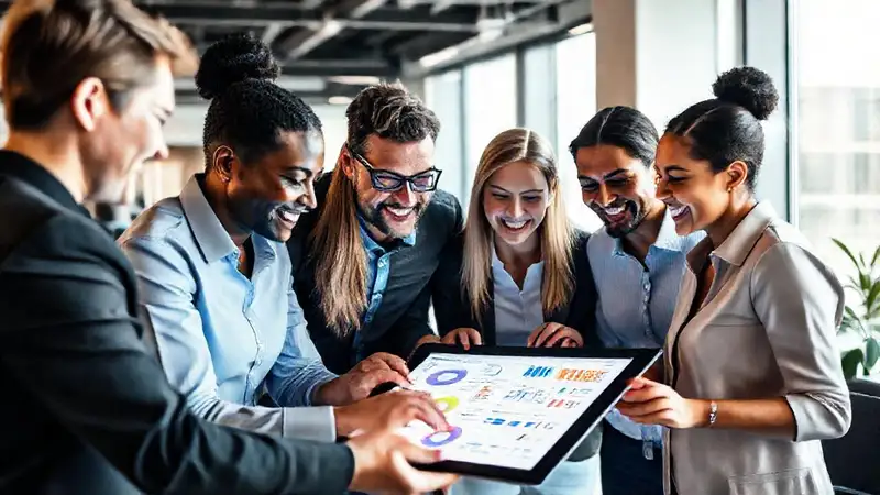 Equipo diverso colabora con la tablet digital