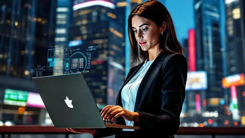 Mujer profesional moderna usando tecnología futurista