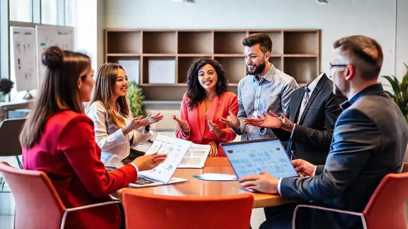 Comunicación profesional en oficina moderna y diversa
