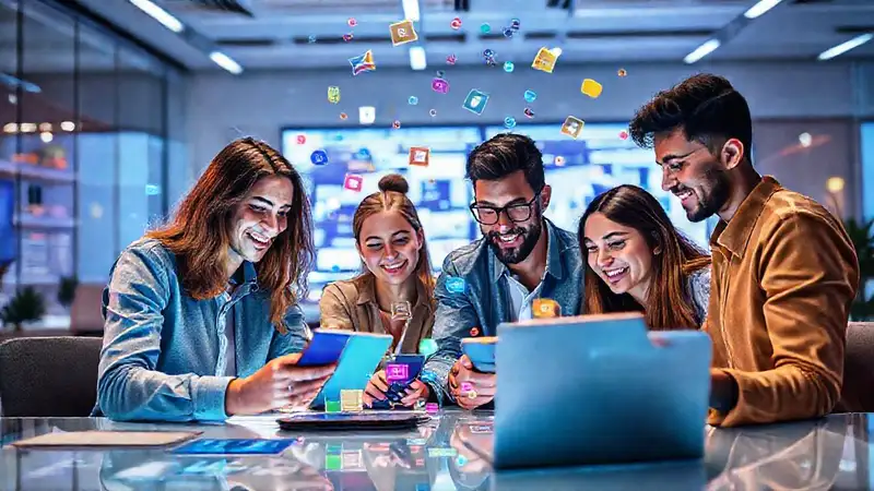 Profesionales jóvenes colaborando en entorno digital futurista