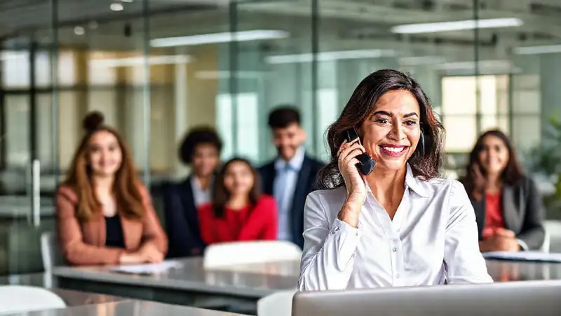 Mujer confiada hablando en oficina moderna