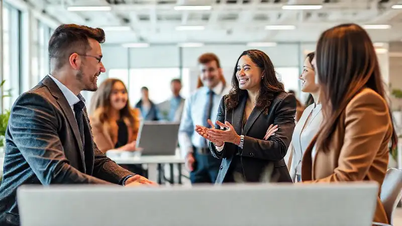 Profesionales dialogan respetuosamente en oficina moderna