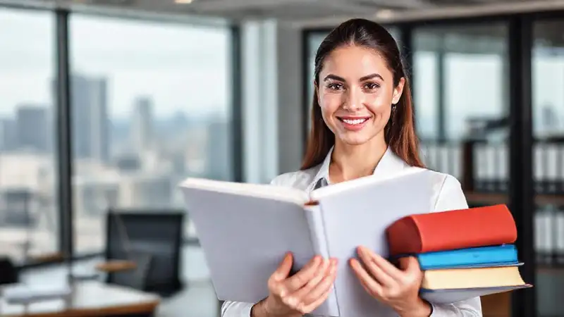 Joven profesional con libros y documentos legales