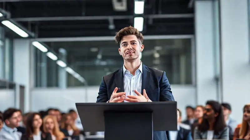 Joven profesional presenta en oficina moderna