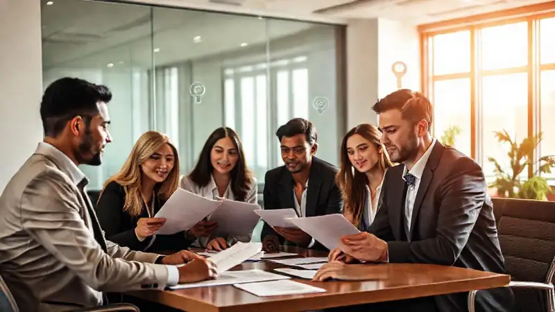Reunión profesional con equipo diverso y confidencialidad