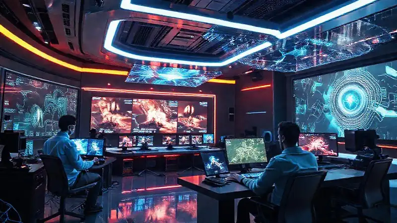 Estudio futurista con tecnología avanzada y colaboración