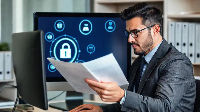 Profesional revisando documentos legales y seguridad digital