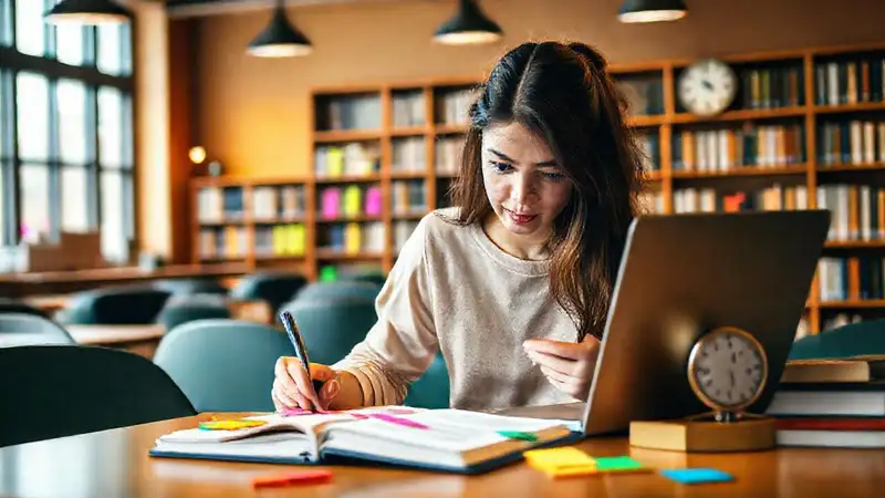 Estudiante estudiando en biblioteca organizada y motivadora
