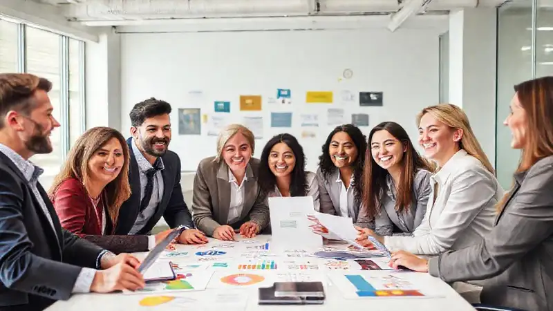 Equipo profesional de relaciones públicas colaborando eficazmente