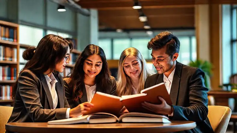 Estudiantes de derecho en una biblioteca moderna