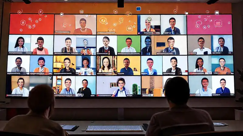 Webinar virtual con participantes y conexión digital