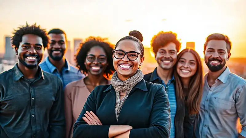 Trabajadora social empoderada en ciudad vibrante