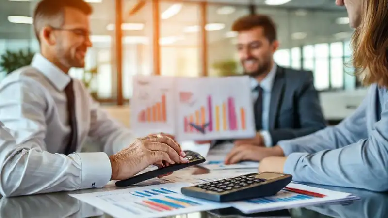 Reunión de negocios con análisis financiero optimista