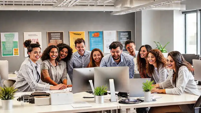 Equipo diverso trabaja feliz en espacio moderno