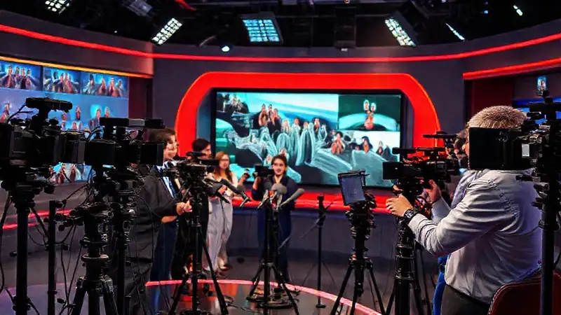 Estudio de noticias con periodistas y tecnología moderna