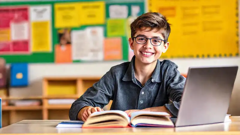 Estudiante joven, motivado y confiado estudiando
