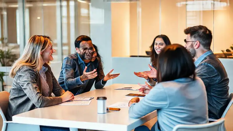 Miembros del equipo dialogando en oficina moderna