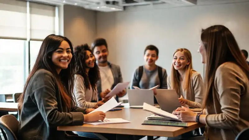 Estudiantes universitarios colaboran en un aula moderna