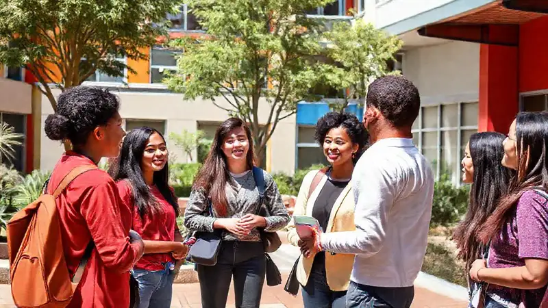 Estudiantes colaboran en aula moderna inclusiva