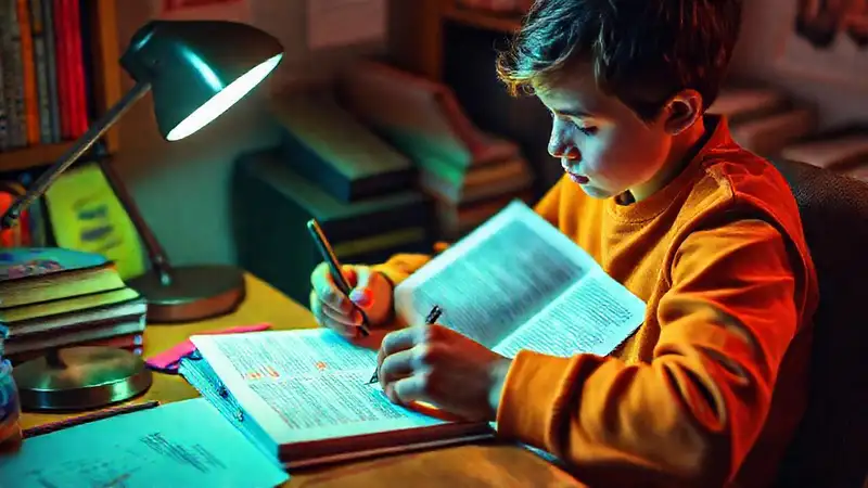 Estudiante estudia en un ambiente organizado y motivador