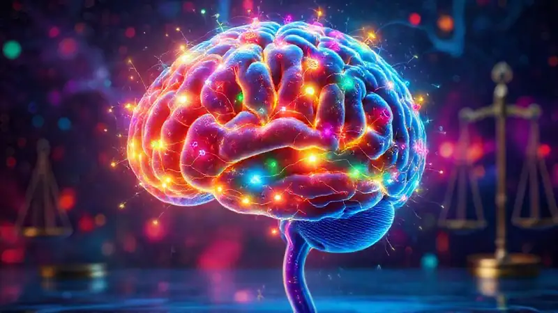 Cerebro brillante con iconos y símbolos legales