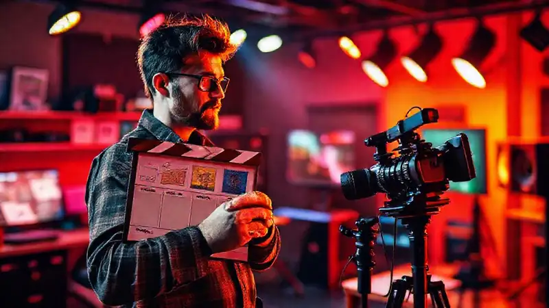 Director de cine con storyboard y equipo moderno