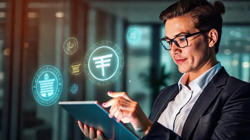 Profesional estudia ética con símbolos digitales