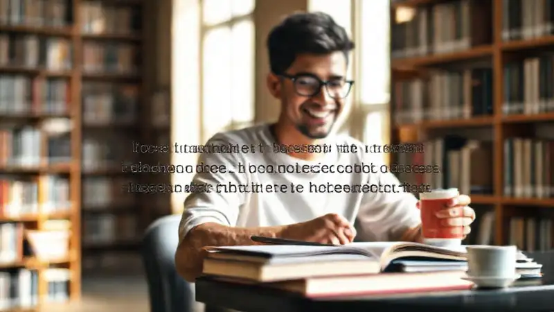 Estudiante motivado en la biblioteca con café