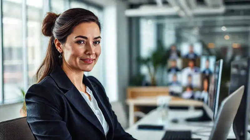 Mujer profesional mantiene calma en reunión virtual