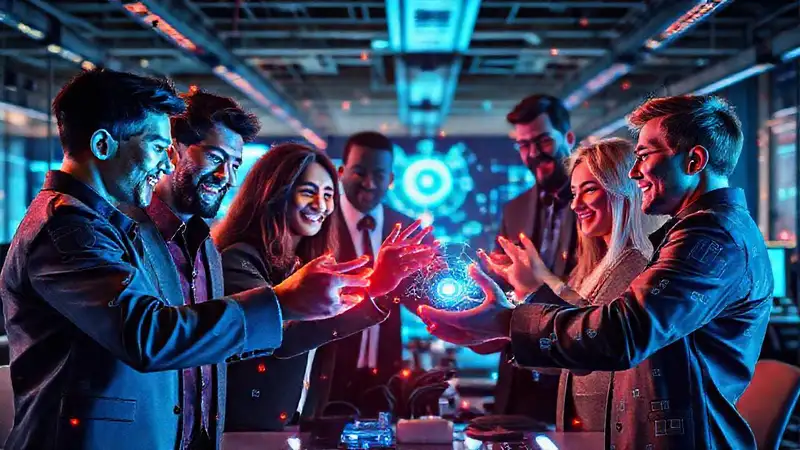 Profesionales triunfantes con tecnología futurista