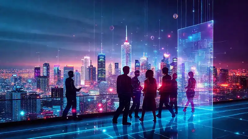 Ciudad futurista con tecnología y colaboración vibrante