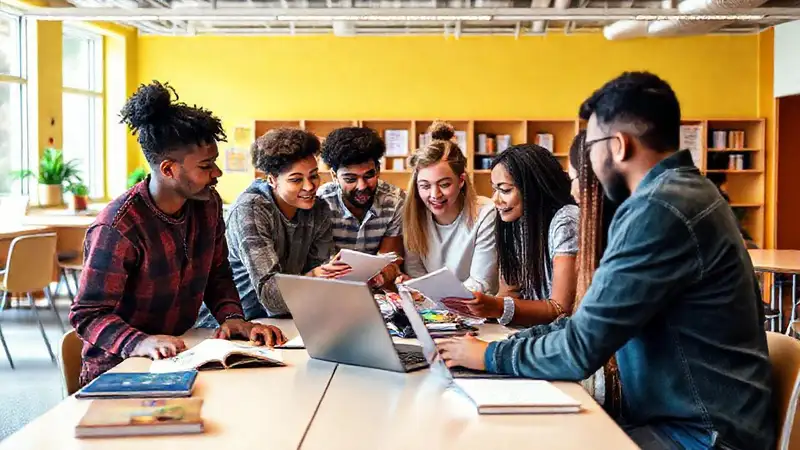 Estudiantes colaborando en un aula moderna y vibrante