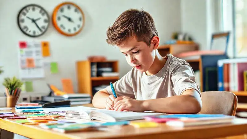 Estudiante estudia en un espacio organizado y motivador