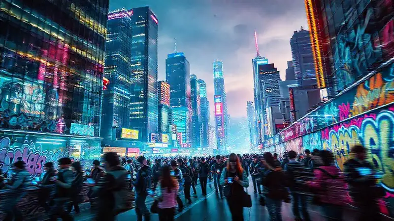 Ciudad moderna llena de luz y actividad