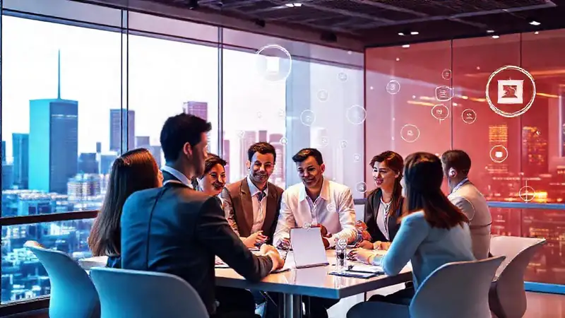 Reunión moderna de profesionales en ciudad futurista