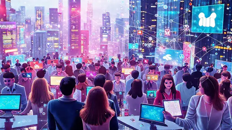 Comunidad digital conectada en un entorno futurista