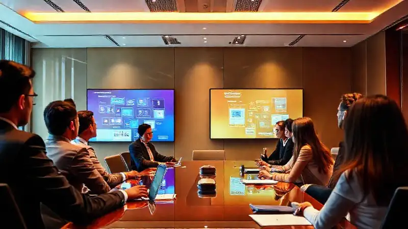 Reunión moderna con profesionales y pantallas digitales