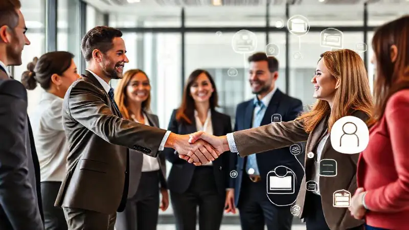 Profesionales discuten en sala moderna y diversa