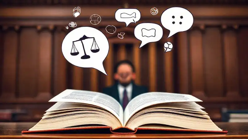 Libro abierto con íconos legales y orador