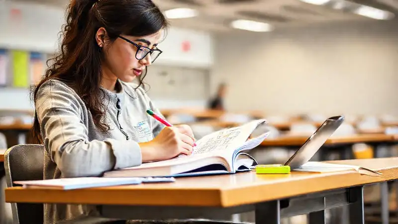 Estudiante universitario tomando notas en aula