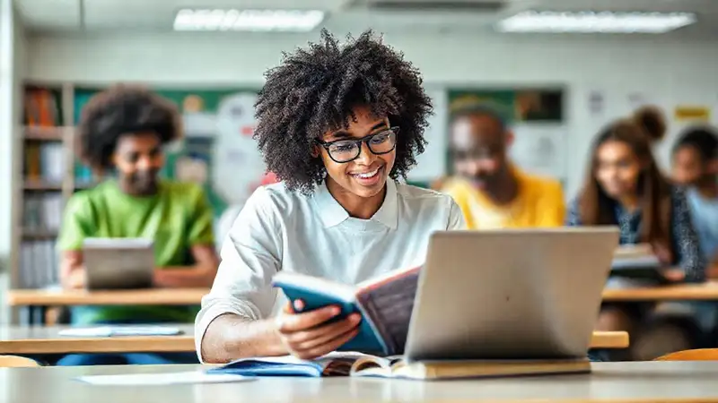 Estudiantes estudian y colaboran en aula moderna