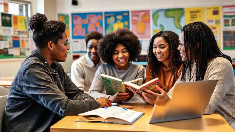 Estudiantes diversos en aula con libros y tecnología