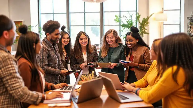 Trabajadores sociales colaborando en entorno moderno y cálido