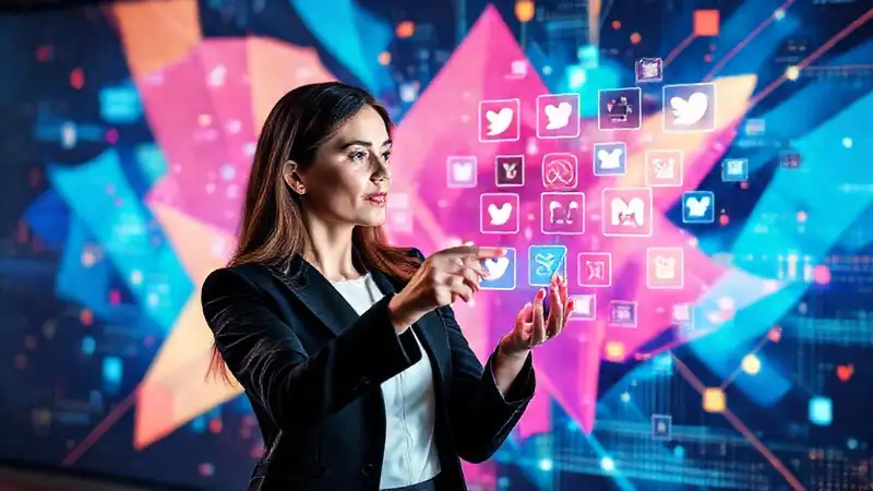 Mujer analiza íconos de redes sociales futuristas
