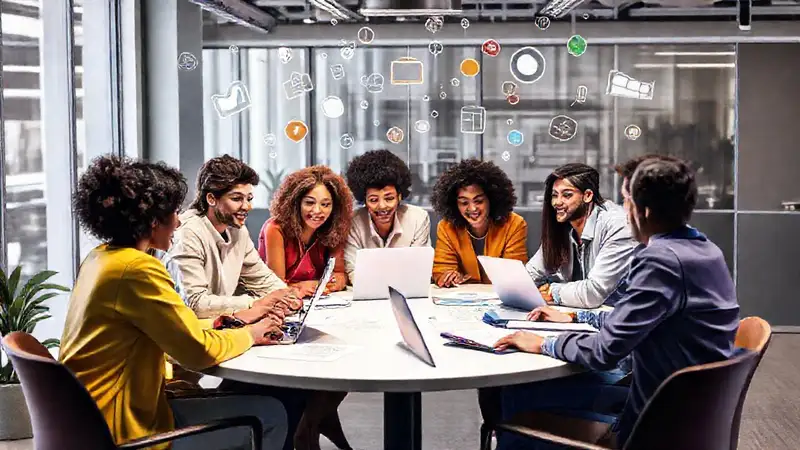 Grupo diverso discute en oficina moderna y conectada