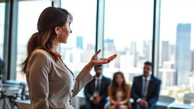 Mujer profesional presenta en ciudad moderna