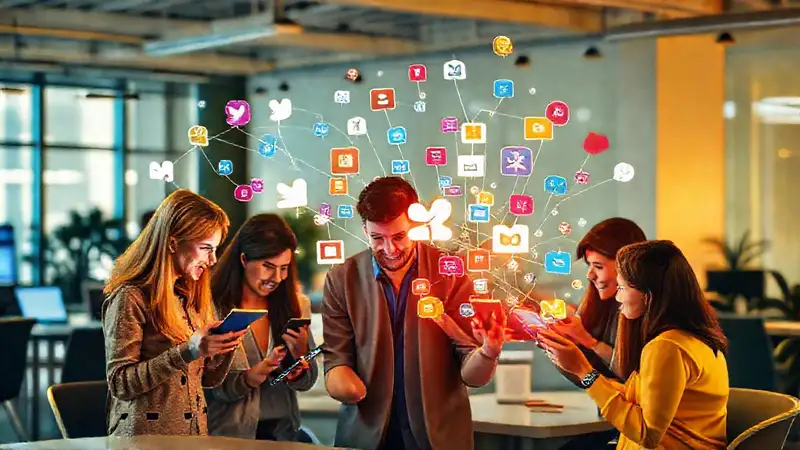 Personas colaborando con tecnología y comunicación